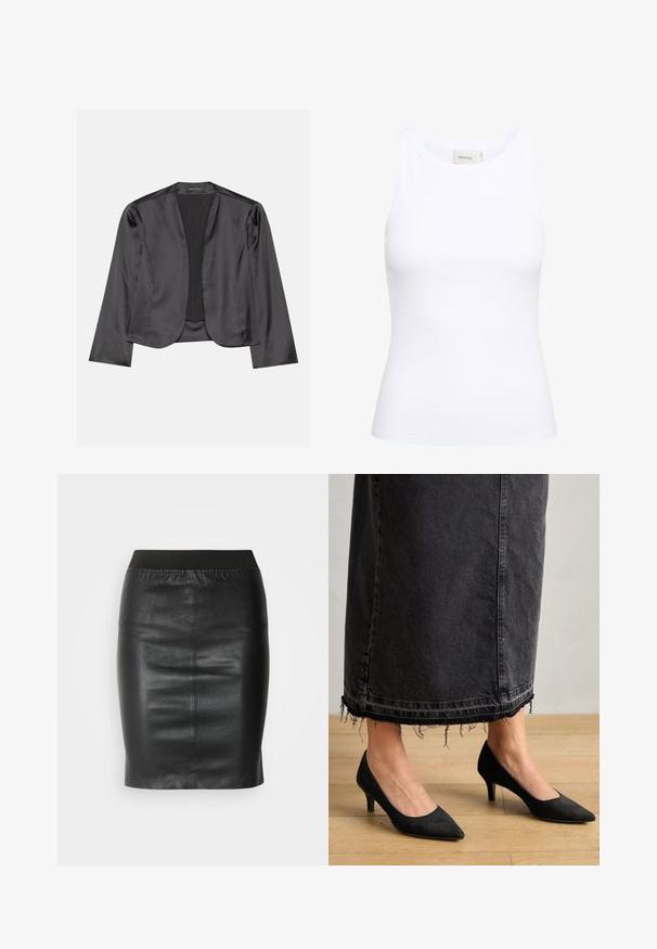 Sort satin blazer med en glat tekstur, åben frontdesign, lange ærmer og minimalistisk silhuet. Mærket "ANNA FIELD" indeni.; Hvid ribbet tanktop med rund halsudskæring og uden ærmer. Strækbart stof og tætsiddende design. Etiketten bagpå viser "GESTUZ."; Sort pencilsyning lavet af glat læder, med en elastisk talje for en tætsiddende silhuet og minimalistisk design.; Sorte ruskindpumps med spids tå og en 3 tommer hæl, parret med en lang, mørk denimskørt med frynset kant.