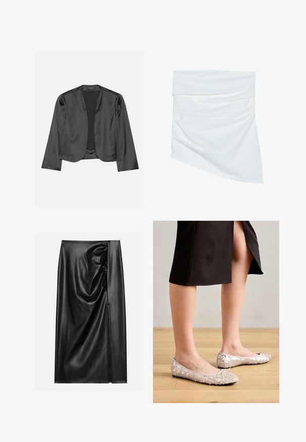 Sort satin blazer med en glat tekstur, åben frontdesign, lange ærmer og minimalistisk silhuet. Mærket "ANNA FIELD" indeni.; Hvidt stof mini nederdel med draperet design, som har en blød tekstur og asymmetrisk form, foldet ved taljen for ekstra stil.; Sort læderskirt med en glat overflade, der har en indsamlet sektion på den ene side og en skråning på siden for ekstra detaljer.; Beige stæl ballet flats med en rund tå, der har en bueaccent, parret med en sort nederdel, vist på et trægulv.