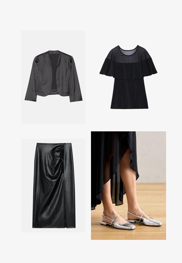 Blazer de satén negro con una textura suave, diseño de frente abierto, manga larga y silueta minimalista. Etiquetado "ANNA FIELD" en el interior.; Top negro que presenta una capa superior de malla transparente con un diseño con volantes. La tela es suave, con un escote redondo y mangas cortas.; Falda de cuero negro con una textura suave, con una sección fruncida en un lado y una abertura lateral para añadir detalle.; Zapatos planos metálicos plateados con diseño de punta cuadrada, tira trasera y acentos recortados. Textura suave sobre un suelo de madera.