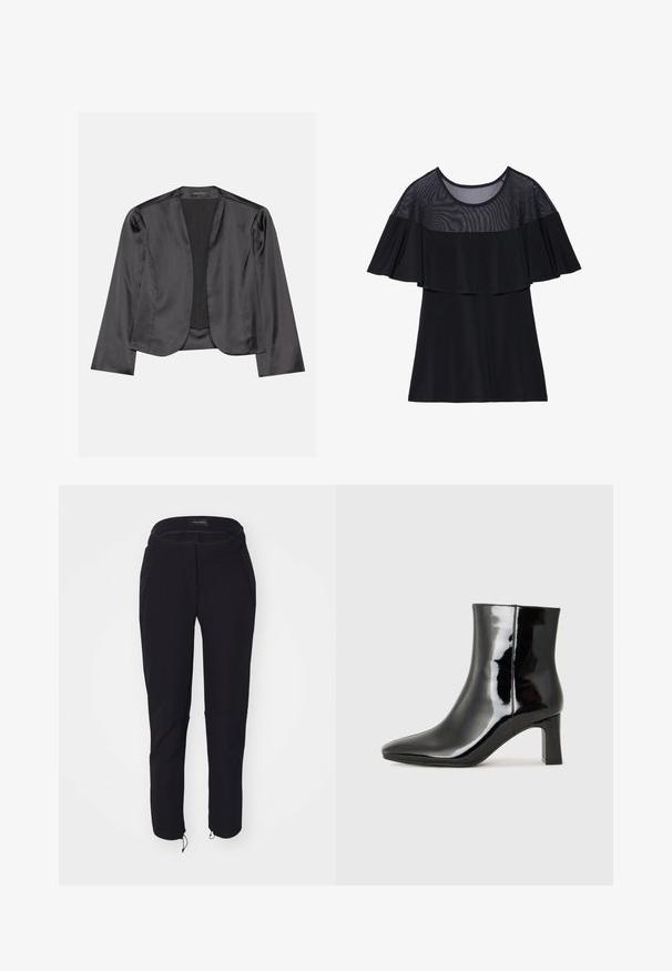 Blazer de satén negro con una textura suave, diseño de frente abierto, manga larga y silueta minimalista. Etiquetado "ANNA FIELD" en el interior.; Top negro que presenta una capa superior de malla transparente con un diseño con volantes. La tela es suave, con un escote redondo y mangas cortas.; Pantalones negros con una textura suave, que cuentan con un diseño ajustado, cinturilla elástica, dos bolsillos y puños ajustables con cordones.; Botín de charol negro con punta afilada y un tacón de bloque de altura media. Textura suave y diseño minimalista.