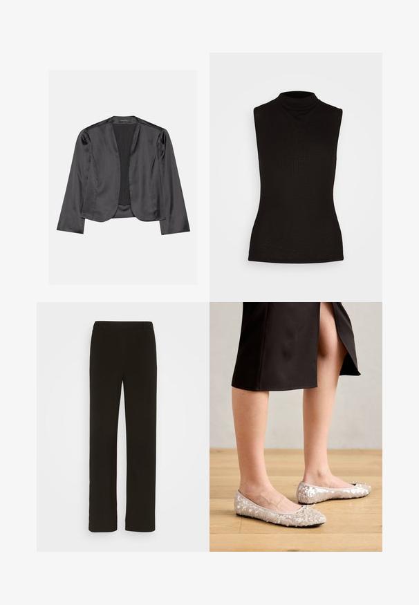 Zwart satijnen blazer met een gladde textuur, open voorkant, lange mouwen en een minimalistisch silhouet. Binnenin gelabeld als "ANNA FIELD".; Zwarte mouwloze coltop van ribbelstof, met een hoge hals en een aansluitende silhoët. Geen patronen of accenten.; Zwarte, rechte broek van geweven stof, met een platte voorkant, twee zijzakken en een gladde textuur. Geen zichtbare patronen of accenten.; Beige sequined balletschoenen met een ronde neus, voorzien van een strikaccent, gecombineerd met een zwarte rok, gepresenteerd op een houten vloer.