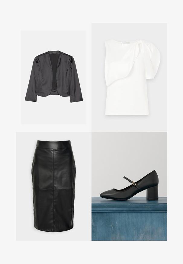 Blazer de satén negro con una textura suave, diseño de frente abierto, manga larga y silueta minimalista. Etiquetado "ANNA FIELD" en el interior.; Top blanco sin mangas con detalle de tela en capas asimétricas y manga abullonada en un hombro, dispuesta sobre un fondo blanco.; Falda de cuero negra con una textura suave, que presenta una cinturilla alta y costuras cosidas que crean una forma estructurada y discreta.; Zapato negro tipo Mary Jane con tacón cuadrado y tira de hebilla dorada, flotando sobre un suelo de hormigón liso en un ambiente interior minimalista.