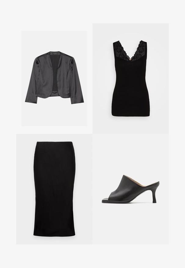 Blazer de satén negro con una textura suave, diseño de frente abierto, manga larga y silueta minimalista. Etiquetado "ANNA FIELD" en el interior.; Top sin mangas negro con un profundo escote en V adornado con encaje negro, que presenta una textura suave y una silueta ajustada.; Falda midi negra ajustada con una textura suave, detalle de abertura lateral y una cinturilla clásica. Diseñada para una silueta elegante.; Selected ASHLEY - Mules de tacón - black