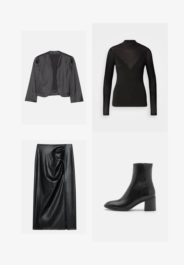 Zwart satijnen blazer met een gladde textuur, open voorkant, lange mouwen en een minimalistisch silhouet. Binnenin gelabeld als "ANNA FIELD".; Zwarte lange mouwen top met doorzichtige panelen die een V-vorm aan de halslijn vormen. Glad textuur, aansluitend ontwerp, hoge hals.; Zwarte leren rok met een soepele textuur, voorzien van een geplooid gedeelte aan één kant en een zijspleet voor extra detail.; Zwarte leren enkelboot met een ronde neus, een blokhak van gemiddelde hoogte en een gladde afwerking. Voorzien van een discrete zijrits.