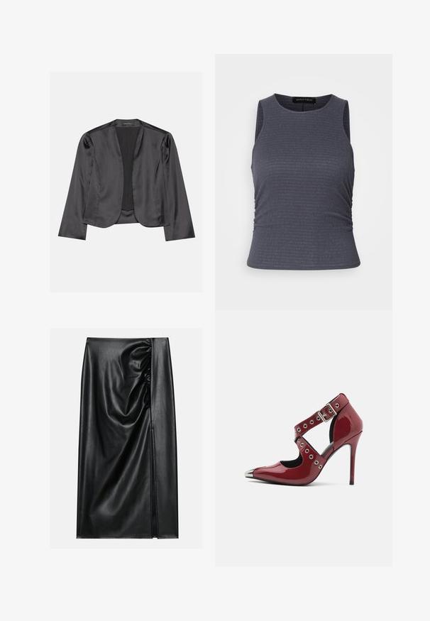Blouson en satin noir avec une texture lisse, design à ouverte à l'avant, manches longues et silhouette minimaliste. Étiqueté "ANNA FIELD" à l'intérieur.; Haut sans manches gris foncé en tissu texturé, avec un col rond et des détails froncés sur les côtés pour un look ajusté.; Jupe en cuir noir avec une texture lisse, présentant une section froncée sur un côté et une fente sur le côté pour un détail supplémentaire.; Escarpin en cuir verni rouge avec un design découpé, des œillets circulaires en argent et un bout pointu, présentant un accent métallique au niveau du bout.