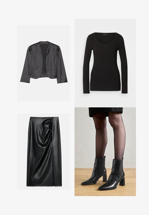Čierny saténový blazer s hladkým povrchom, otvoreným predným dizajnom, dlhými rukávmi a minimalistickou siluetou. Vo vnútri označené "ANNA FIELD".; Čierny top s dlhým rukávom a hlbokým výstrihom, vyrobený z jemného, elastického materiálu. Má priliehavý strih a hladkú textúru. Viditeľná značka.; Čierna kožená sukňa s hladkou textúrou, ktorá má nariasenú časť na jednej strane a bočný rozparok pre prídavnú detalizáciu.; Čierne kožené členkové topánky s špicatou špičkou, robustný štvorcový opätok a elegantný dizajn. Obsahujú elastické bočné panely pre jednoduché obúvanie.