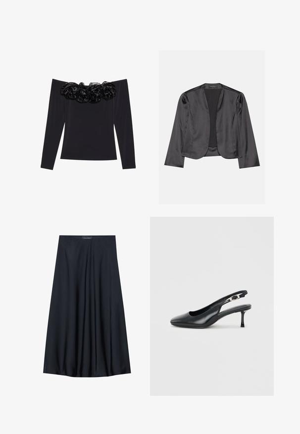 Sort satin blazer med en glat tekstur, åben frontdesign, lange ærmer og minimalistisk silhuet. Mærket "ANNA FIELD" indeni.; Sort off-shoulder top med lange ærmer, der har en tekstureret blomsterkant i sort velour langs halsudskæringen.; Sort, knælang nederdel lavet af letvægtsstof med et svævende design. Har en glat tekstur og subtile plisseringer for en ekstra detalje.; Sort læder slingback-sko med spids snude, lav, slank kittenhæl og justerbar spænde på en ensfarvet lys baggrund.