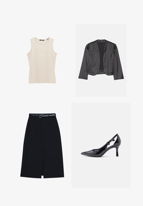 Zwart satijnen blazer met een gladde textuur, open voorkant, lange mouwen en een minimalistisch silhouet. Binnenin gelabeld als "ANNA FIELD".; Mouwloze lichtbeige ribgebreide tanktop met een ronde halslijn en een aansluitende pasvorm. Gemaakt van zacht katoen.; Zwarte knie-lange rok met een vooraanstaande split, gemaakt van gladde stof. Heeft een dunne zwarte riem met een zilveren gesp en riemlussen.; Zwarte laklederen pump met hoge hak, spitse neus, enkellus versierd met een strik en een slanke stilettohak.