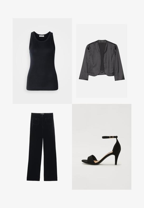 Blouson en satin noir avec une texture lisse, design à ouverte à l'avant, manches longues et silhouette minimaliste. Étiqueté "ANNA FIELD" à l'intérieur.; Débardeur noir en tissu doux et extensible. Il dispose d'un col rond et de larges bretelles, avec une silhouette ajustée et une texture lisse.; Pantalons larges en velours noir avec deux poches arrière et une texture lisse, présentant une coupe droite et une finition ourlée aux chevilles.; Sandale à talons hauts en suede noir, avec un bout ouvert, une bande de cheville avec boucle dorée et une silhouette incurvée. Semelle plate avec une finition texturée.
