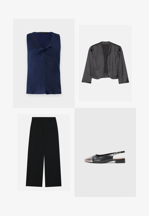 Blouson en satin noir avec une texture lisse, design à ouverte à l'avant, manches longues et silhouette minimaliste. Étiqueté "ANNA FIELD" à l'intérieur.; Blouse bleu marine sans manches avec col en V et détail subtil de torsion à l'avant, pliée soigneusement sur un fond clair uni.; Pantalons noirs à jambe large en tissu lisse. Dotés d'une taille plate avec passants de ceinture et sans poches visibles. Design simple.; Des chaussures slingback avec une tige en cuir noir, un bout pointu en métal rose doré et un petit talon carré. Texture lisse avec un design courbé.