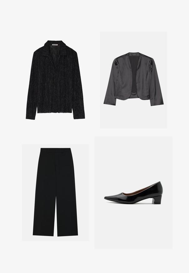 Blouson en satin noir avec une texture lisse, design à ouverte à l'avant, manches longues et silhouette minimaliste. Étiqueté "ANNA FIELD" à l'intérieur.; Veste noire à manches longues avec une surface texturée et scintillante. Elle présente un col et une fermeture à boutons sur le devant.; Pantalons noirs à jambe large en tissu lisse. Dotés d'une taille plate avec passants de ceinture et sans poches visibles. Design simple.; Escarpin à talon bas en cuir verni noir, bout pointu et talon bloc courbé, présenté de profil sur un fond clair uni.