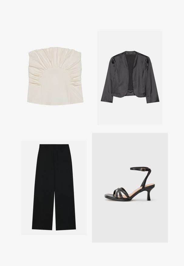 Blouson en satin noir avec une texture lisse, design à ouverte à l'avant, manches longues et silhouette minimaliste. Étiqueté "ANNA FIELD" à l'intérieur.; Haut couleur crème avec tissu froncé, présentant un décolleté arrondi et une texture lisse. Le design comprend des plis le long des bords.; Pantalons noirs à jambe large en tissu lisse. Dotés d'une taille plate avec passants de ceinture et sans poches visibles. Design simple.; Sandales à talons noirs avec plusieurs fines lanières sur le bout, une seule lanière à la cheville avec une boucle dorée, et un bout carré.