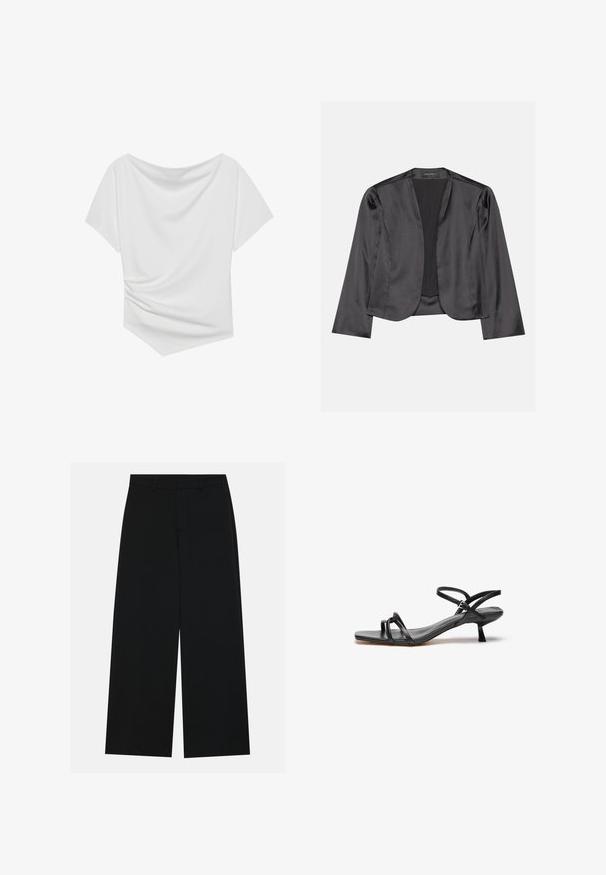 Black satin blazer with a smooth texture, open front design, long sleeves, and minimalistic silhouette. Labeled "ANNA FIELD" inside.; White short-sleeve top with an off-the-shoulder design, featuring a draped texture and cinched detail on one side. Smooth fabric.; Wide-leg black trousers made of a smooth fabric. Features a flat waistband with belt loops and no visible pockets. Simple design.; Black leather sandal with a sleek, minimal design. Features two thin straps and a small, angled heel. Smooth texture and open toe.
