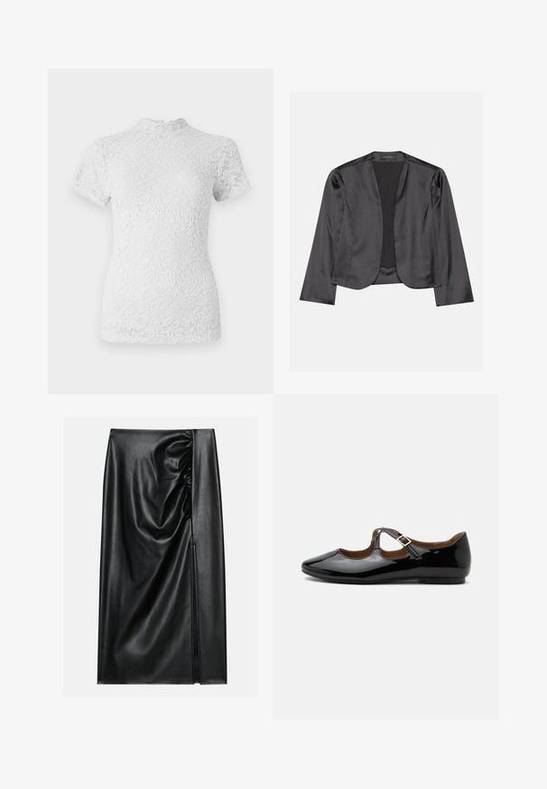 Čierny saténový blazer s hladkým povrchom, otvoreným predným dizajnom, dlhými rukávmi a minimalistickou siluetou. Vo vnútri označené "ANNA FIELD".; Bielizkový top z bielej čipky s krátkymi rukávmi a vysokým, vlnitým výstrihom. Kvetinový vzor po celom povrchu, polopriezračná látka s textúrovaným vzhľadom.; Čierna kožená sukňa s hladkou textúrou, ktorá má nariasenú časť na jednej strane a bočný rozparok pre prídavnú detalizáciu.; Čierne lesklé Mary Jane baleríny s dvoma výrezmi a zlatou prackou na bielom pozadí.