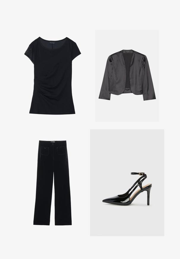 Blouson en satin noir avec une texture lisse, design à ouverte à l'avant, manches longues et silhouette minimaliste. Étiqueté "ANNA FIELD" à l'intérieur.; Haut noir à manches courtes en tissu doux, avec un panneau texturé sur une épaule, un design asymétrique et des détails froncés sur le côté.; Pantalons larges en velours noir avec deux poches arrière et une texture lisse, présentant une coupe droite et une finition ourlée aux chevilles.; Escarpin en cuir verni noir à talon haut, avec un bout pointu, une bride réglable à la cheville et des côtés ouverts. Texture lisse.