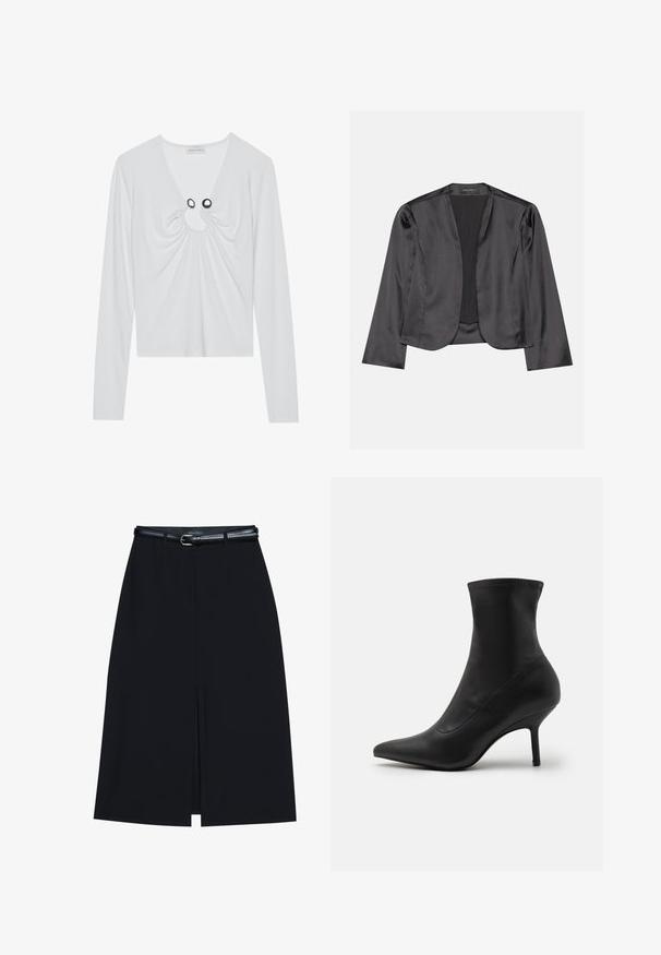 Blouson en satin noir avec une texture lisse, design à ouverte à l'avant, manches longues et silhouette minimaliste. Étiqueté "ANNA FIELD" à l'intérieur.; Haut à manches longues blanc avec un décolleté en V profond, présentant un tissu froncé autour de l'encolure et deux accents circulaires noirs.; Jupe noire à mi-cuisse avec une fente frontale, fabriquée en tissu lisse. Comprend une fine ceinture noire avec une boucle en argent et des passants.; Anna Field by Zalando Bottines - black