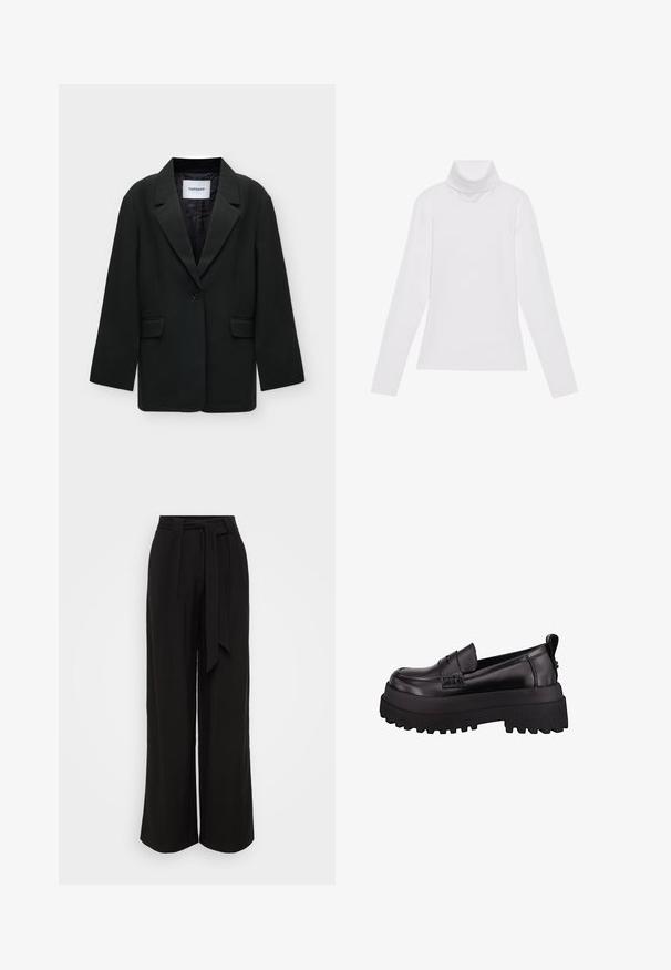 Veste noire à un bouton avec revers et deux poches avant à rabat, présentée à plat avec l’étiquette de marque Topshop à l’intérieur du col.; Haut à col roulé à manches longues blanc, fabriqué en tissu lisse et extensible. Il présente un col haut et une coupe ajustée, sans motifs ni embellissements visibles.; Pantalon large noir en tissu lisse, avec taille haute, ceinture à nouer et plis pour une allure structurée.; Mocassins en cuir verni noir avec une semelle en caoutchouc épaisse et texturée, présentant un détail cousu à l'avant et une petite languette à l'arrière.