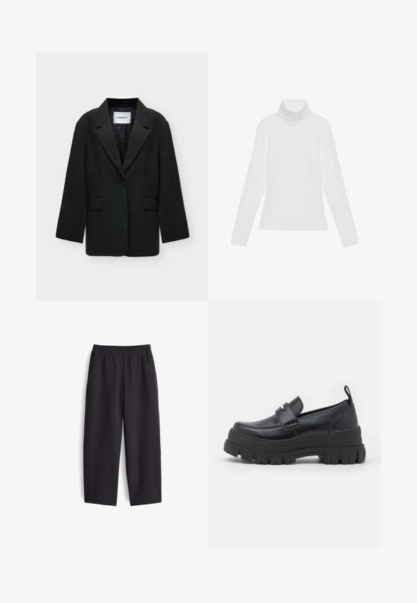Schwarzer Ein-Knopf-Blazer mit Revers und zwei aufgesetzten Taschen vorne, liegend dargestellt mit Topshop Markenetikett am Krageninneren.; Weißes Langarm-Turtleneck-Oberteil aus glattem, elastischem Stoff. Mit hohem Kragen und tailliertem Schnitt, ohne sichtbare Muster oder Verzierungen.; Schwarze, weit geschnittene Hosen aus glattem Stoff. Mit elastischem Bund und zwei Seitentaschen, versehen mit sichtbaren Nähdetails.; Schwarzer Lederloafer mit dicker profilstarker Sohle, Mokassinnaht vorne, Riemendetail oben und Zuglasche an der Ferse, seitlich gezeigt.