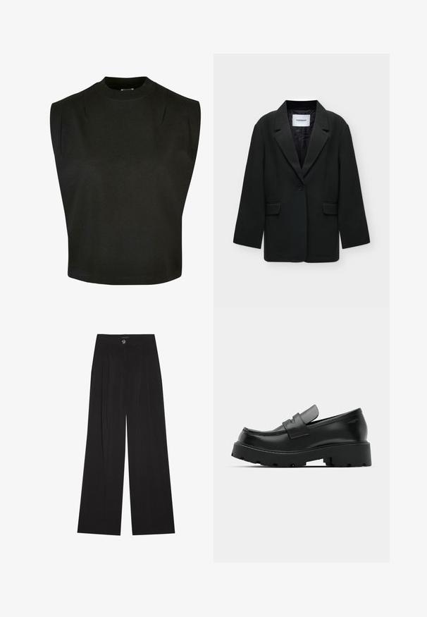 Veste noire à un bouton avec revers et deux poches avant à rabat, présentée à plat avec l’étiquette de marque Topshop à l’intérieur du col.; Top sans manches noir en coton avec un col montant, présentant des épaules structurées et une coupe ample, avec un ourlet net et sans motifs visibles.; Pantalon noir à jambes larges en tissu doux, avec taille haute, plis avant et une fermeture à bouton unique. Texture lisse et coupe ajustée.; Mocassins en cuir noir avec une semelle épaisse et texturée, dotés d'une sangle sur le vamp et d'une finition lisse et polie.