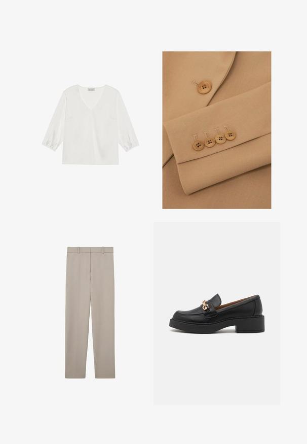 Tela de chaqueta beige claro con una textura suave, con cuatro botones marrones en la manga y un botón adicional en el cuello.; Blusa blanca de manga larga con un profundo escote en V, material suave similar al satén y puños de manga fruncidos para un ajuste relajado.; Pantalones beige de corte recto con trabillas para cinturón y un diseño limpio y minimalista, mostrados extendidos sobre un fondo blanco.; Mocasín de cuero negro con una suela plataforma gruesa, que presenta un adorno de cadena en tono dorado y detalles de costura visibles. Textura suave y diseño elegante.