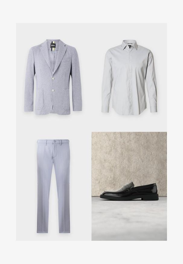 Blazer med houndstooth-mønster i blå og hvid. Har et notch-lapel, to knapper og forlommer. Lavet af tekstureret stof.; Lysegrå herreskjorte med lange ærmer, knapper foran, spids krave og manschetter med enkeltknap på ensartet hvid baggrund.; Lysegrå skræddersyede bukser lavet af glat stof, med knaplukning, bæltestropper og lige ben. Ingen synlige lommer.; Sort poleret læderloafer flydende over beige tæppe med orange gennemsigtigt møbel i baggrunden.