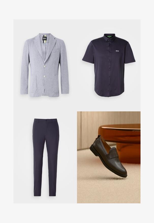 Blazer med houndstooth-mønster i blå og hvid. Har et notch-lapel, to knapper og forlommer. Lavet af tekstureret stof.; Kortærmet, mørkeblå polo lavet af en glat bomuldsblanding med en krave med knapper og broderet "BOSS"-logo på brystet.; Marinebukser med lige snit, lavet af et glat stof. Har en knaplukning, sidelommer og et fladt frontdesign.; Mørkebrun læderloafer med lav hæl svævende over beige tæppe, ved siden af et blankt, afrundet bord i ravfarve.