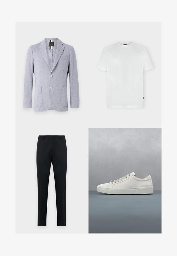 Blazer med houndstooth-mønster i blå og hvid. Har et notch-lapel, to knapper og forlommer. Lavet af tekstureret stof.; Hvid T-shirt med korte ærmer og rund hals, med diskret logo på venstre bryst og en lille sort mærkat på venstre sidesøm.; Sorte skræddersyede herreformelle bukser med bæltestropper, glat front og lige ben på en hvid baggrund.; Hvid lædersneaker med rund tå, minimalistisk design, grå snørebånd og en tekstureret grå gummisål. Subtile syningsdetaljer er synlige.