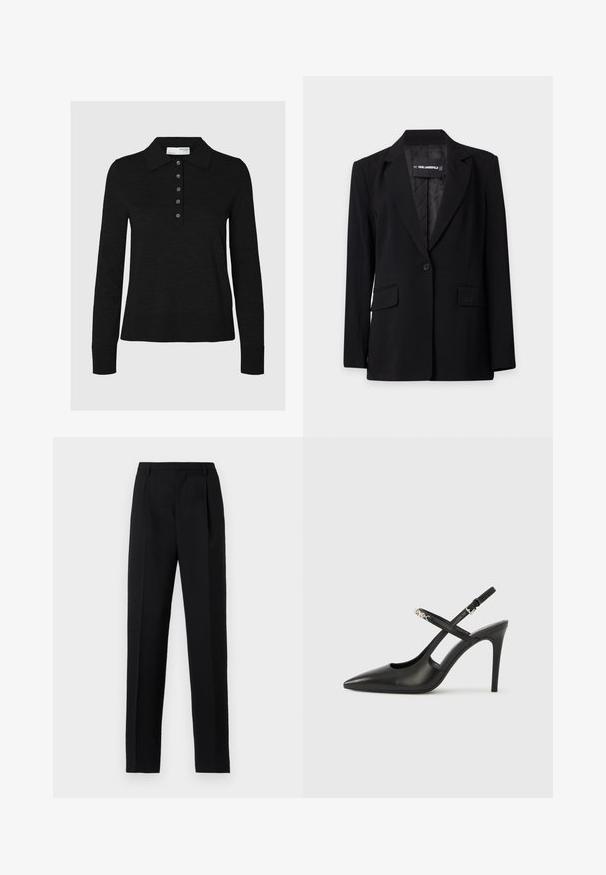 Blazer noir à un bouton avec revers crantés, poches à rabat sur le devant et étiquette Karl Lagerfeld visible à l'intérieur du col.; Polo noir à manches longues en tissu doux, avec un col et une patte de boutonnage à six boutons. Les bords sont soigneusement finis.; Pantalon noir sur mesure avec une coupe droite, comprenant des plis à l'avant et une texture de tissu lisse. Taille simple sans ornements.; Escarpins slingback en cuir noir avec bout pointu, design ajouré et bride ajustable ornée de ferrures métalliques.