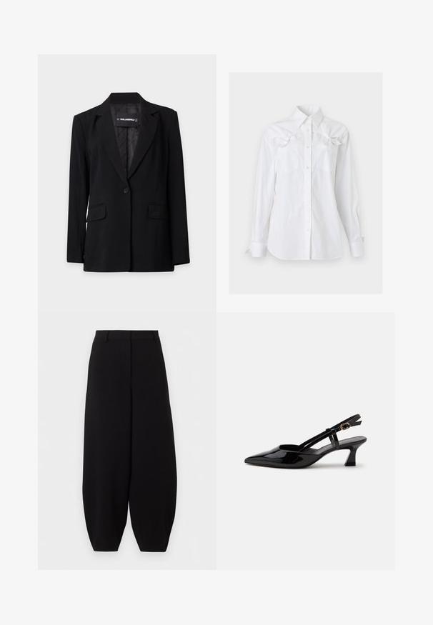 Blazer noir à un bouton avec revers crantés, poches à rabat sur le devant et étiquette Karl Lagerfeld visible à l'intérieur du col.; Chemise blanche à manches longues, boutonnée, avec un col et deux poches poitrine, chacune ornée d'un noeud décoratif près du haut.; Pantalon noir à jambes larges et courtes, taille haute, sans poches visibles ni ornements.; Chaussure slingback en cuir verni noir à petit talon, bout pointu et bride réglable avec boucle dorée sur fond blanc.