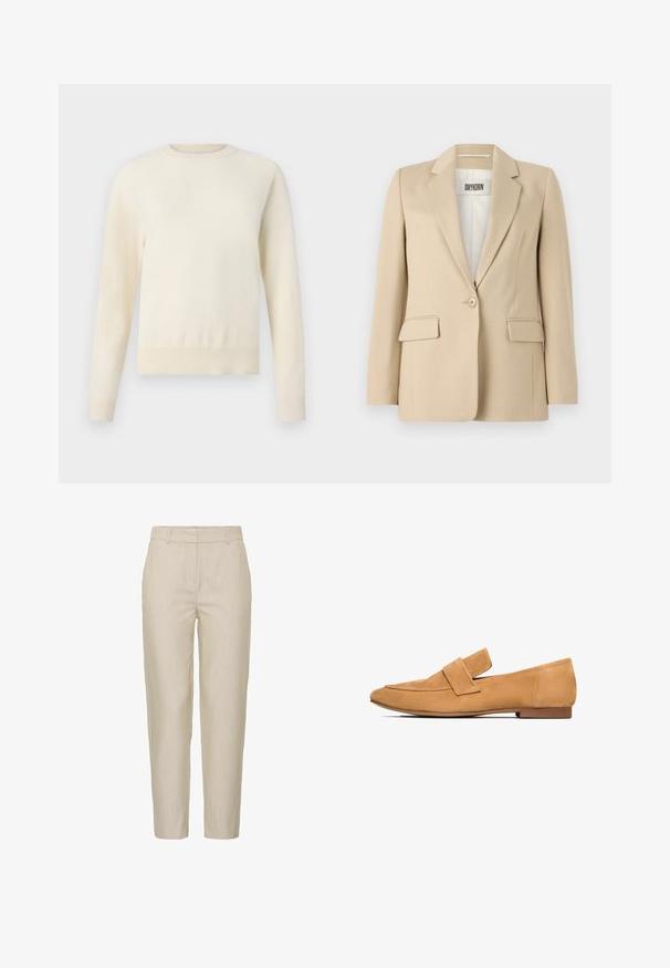 Beige blazer med spids. Enkelt knaplukning, to forlommer og en glat struktur. Mærket inde i blazeren viser "DRYKORN."; Lys cremefarvet sweater med lange ærmer, rund halsudskæring og ribbenet kant. Lavet af et blødt materiale med en glat tekstur.; Beige bukser lavet af letvægtsstof, med en skræddersyet design, flad front og sidelommer; glat tekstur med subtile striber.; Lette mokkasiner i tan farve med flad hæl, rund tå og en syet strop over vristen for et raffineret udtryk.