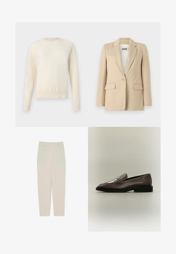 Blazer beige avec revers crantés, fermeture à un bouton, deux poches avant et une texture lisse. Étiquette visible à l'intérieur indique "DRYKORN."; Pull crème clair à manches longues, col rond et ourlet côtelé. Fabriqué en matériau doux, avec une texture lisse.; Pantalons droits beiges avec une texture lisse, présentant une taille haute, des plis sur le devant et des lignes épurées pour un ajustement tailleur.; Mocassin en cuir marron à enfiler avec semelle noire et petit talon, avec un détail de bride sur le dessus.