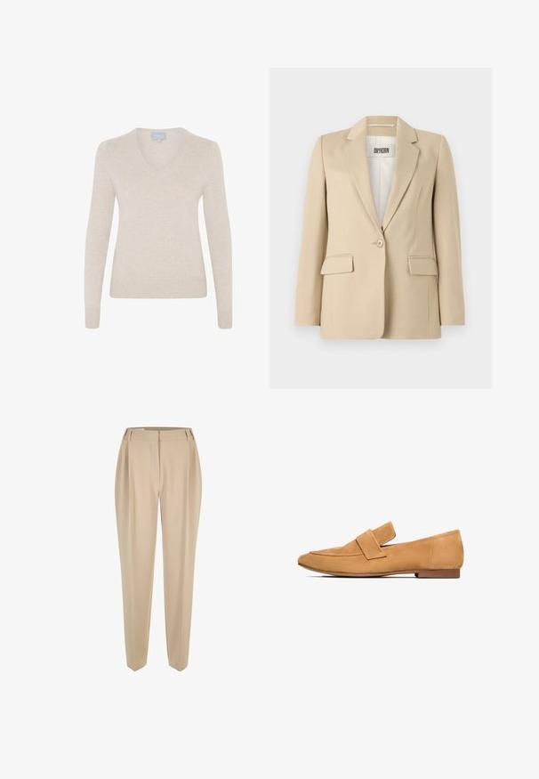Beiger Blazer mit Reverskragen, Ein-Knopf-Verschluss, zwei Fronttaschen und glatter Textur. Das innen angebrachte Label zeigt "DRYKORN".; Beiger V-Ausschnitt-Pullover aus weichem Material, mit langen Ärmeln, taillierter Silhouette und geripptem Saum. Keine Muster oder sichtbare Hardware.; Beige maßgeschneiderte Hose mit Gürtelschlaufen, geraden Beinen und verdecktem Frontverschluss, auf einem weißen Hintergrund präsentiert.; Tan-farbene Wildleder-Loafers mit flachem Absatz, runder Zehenpartie und einem gesteppten Riemen über dem Spann für einen eleganten Abschluss.