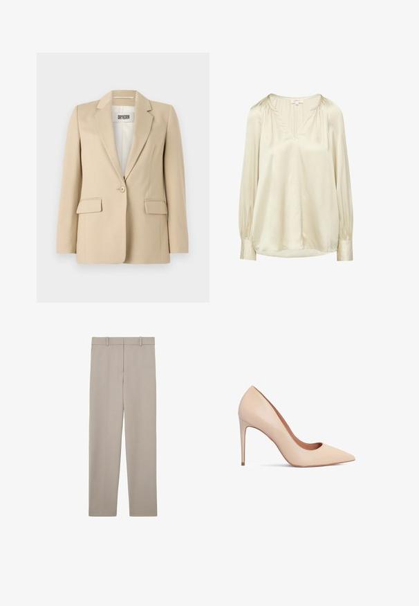 Beiger Blazer mit Reverskragen, Ein-Knopf-Verschluss, zwei Fronttaschen und glatter Textur. Das innen angebrachte Label zeigt "DRYKORN".; Cremfarbene, langärmlige Bluse aus glänzendem Stoff. Sie verfügt über einen V-Ausschnitt, Raffung an den Schultern und geknöpfte Manschetten.; Beige gerade geschnittene Hose mit Gürtelschlaufen und einem sauberen, minimalistischen Design, flach auf weißem Hintergrund präsentiert.; Beige Leder-Pumps mit hohen Absätzen, spitz zulaufender Zehenpartie und glatter Textur. Mit einem schlanken Stiletto-Absatz und einem tief ausgeschnittenen Obermaterial.