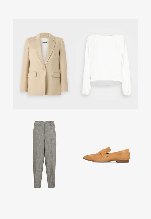 Beige blazer med spids. Enkelt knaplukning, to forlommer og en glat struktur. Mærket inde i blazeren viser "DRYKORN."; Another-Label MAJA SHINY - Bluse - off-white; Grå mønstrede bukser med en tapered ben, flad front, bæltestropper og en glat tekstur. Ingen synlige lommer eller hardwaredetaljer.; Lette mokkasiner i tan farve med flad hæl, rund tå og en syet strop over vristen for et raffineret udtryk.