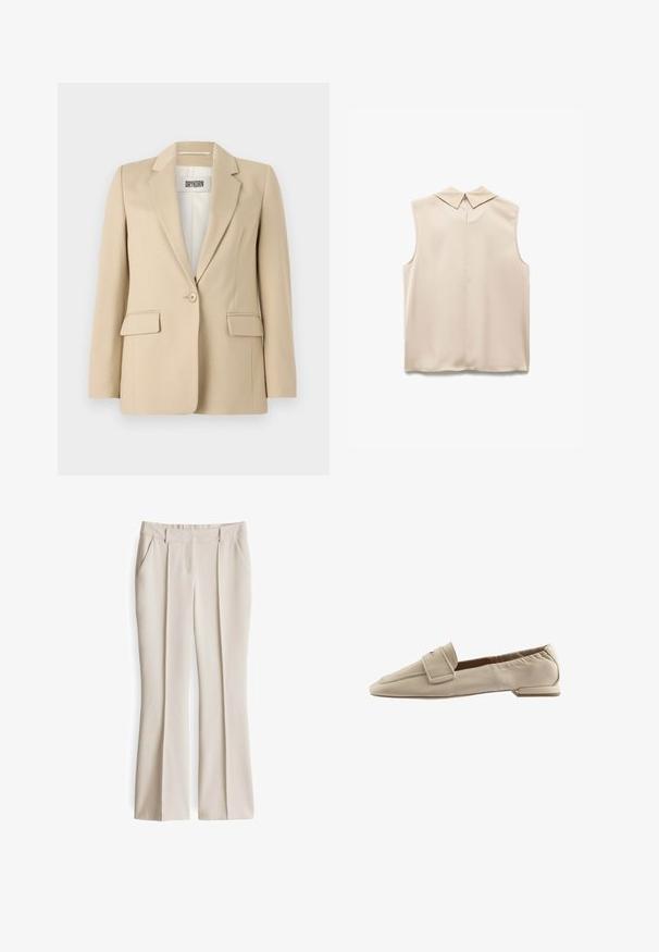 Beiger Blazer mit Reverskragen, Ein-Knopf-Verschluss, zwei Fronttaschen und glatter Textur. Das innen angebrachte Label zeigt "DRYKORN".; Beige ärmellose Bluse mit spitzem Kragen, glattem Stoff und Schlitzöffnung auf der Rückseite. Minimalistisches Design und taillierte Form.; Beige maßgeschneiderte Hosen mit zwei vorderen Taschen, flachem Frontdesign und geradem Bein. Glattes Material mit einem leichten Glanz und Plissee-Details.; Beige Loafers aus glattem Material mit eckiger Spitze, Ziernähten und kleinem flachem Absatz. Das Design verfügt über eine umklappbare Klappe.