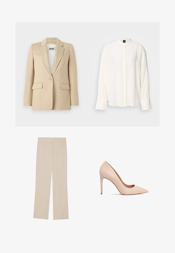 Beige blazer med spids. Enkelt knaplukning, to forlommer og en glat struktur. Mærket inde i blazeren viser "DRYKORN."; Langærmet, cremefarvet bluse lavet af glat stof; mandarin-krave, forflap, knappede ærmekanter og en afslappet pasform.; Beige vide ben bukser med en glat tekstur, der har en skræddersyet pasform, to forlommer og diskrete folder langs benene.; Beige læder højhælede pumps med spids tå og en glat tekstur. Har en slank stilettohæl og et lavt skårede design.