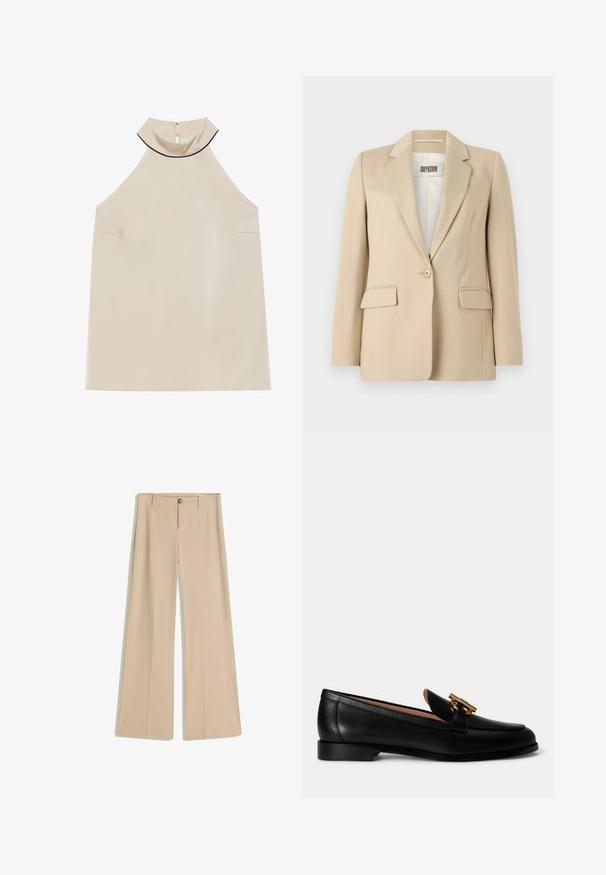 Beige blazer met geknipte revers, enkele knopen sluiting, twee voorzakken en een gladde textuur. Het label binnenin toont "DRYKORN."; Beige mouwloze haltertop van gladde stof met een hoge kraag en een rits aan de achterkant, met een minimalistisch ontwerp en geen zichtbare patronen.; Beige wijde broek met pinstripe patroon, knoopsluiting aan de voorkant en riemlussen. Glad van textuur met een getailleerde afwerking.; Zwarte leren loafer met lage hak en gouden metalen gespdetail bovenop, van opzij getoond op een witte achtergrond.