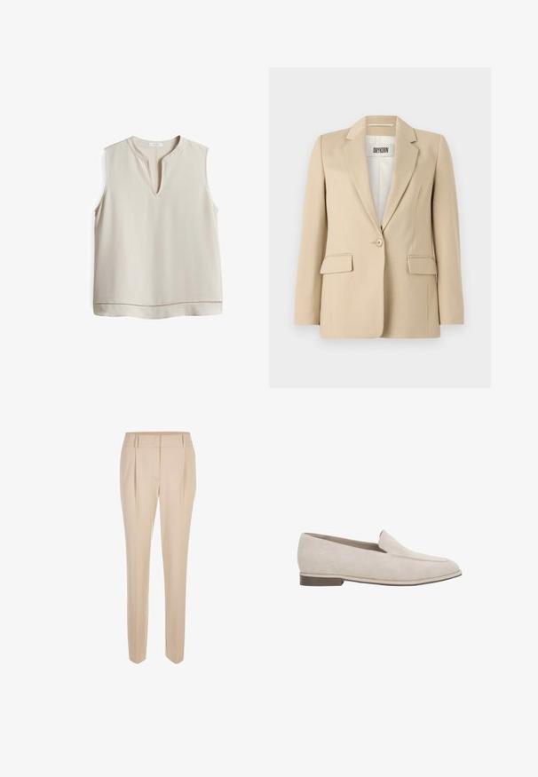 Beige blazer met geknipte revers, enkele knopen sluiting, twee voorzakken en een gladde textuur. Het label binnenin toont "DRYKORN."; Beige mouwloze blouse met een V-hals, gemaakt van soepele stof, met een decoratieve stiksel langs de zoom voor extra detail.; Beige op maat gemaakte slim-fit broeken met een voorplooi, riemlussen en een schone tailleband, tentoongesteld tegen een witte achtergrond.; Beige suède instapper loafer met lage hak, puntige neus en minimale stiksel details aan de bovenzijde.