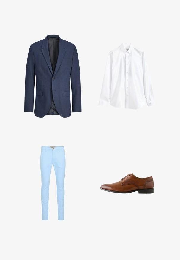 Donkerblauwe enkelrijige blazer met ingesneden revers, twee knopen, twee voorflapzakken en één borstzak.; Wit overhemd met lange mouwen en knopen, button-down kraag, zichtbare label aan de binnenkant van de hals en geplooide manchetten aan de mouwen.; Lichtblauwe katoenen chino's met een slim fit, voorzien van een sluiting met knopen aan de voorkant, riemlussen en een gladde textuur. Geen zichtbare patronen of accenten.; Bruine leren herenschoen met zwarte veters, brogue details nabij de hiel en een zwarte zool, gezien van de buitenkant.