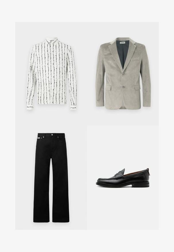 Blazer de micropana en gris claro con solapa de muesca, dos botones, dos bolsillos frontales y un forro interior suave. Tejido texturizado con rayas verticales.; Camisa blanca de botones con líneas verticales negras y un patrón floral. Mangas largas con puños abotonados. Hecha de una tela ligera.; Pantalones de mezclilla negros con un diseño de pierna ancha, que cuentan con cinco bolsillos y herrajes de botón metálico. Textura suave, sin patrones visibles.; Mocasín de hombre de piel negra con costura moc toe, tira penny, cuello texturizado y tacón bajo apilado sobre fondo blanco.