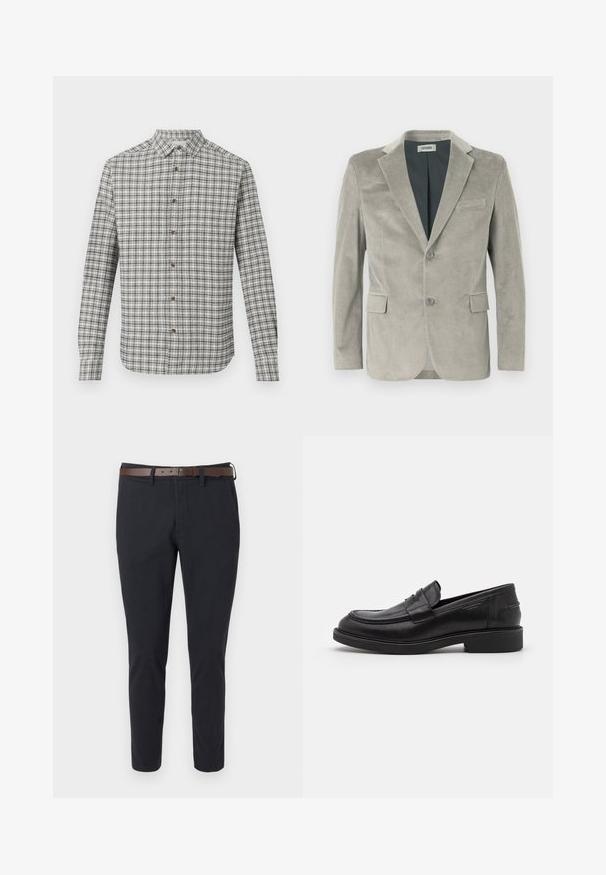 Blazer en velours côtelé gris clair avec un col cranté, deux boutons, deux poches avant et une doublure intérieure lisse. Tissu texturé avec des rayures verticales.; Chemise à manches longues avec un motif à carreaux blanc et noir, col classique et boutons marron sur un fond uni.; Pantalon slim en bleu marine foncé avec poches avant et ceinture en cuir marron sur fond blanc.; Mocassins en cuir noir avec un bout arrondi, des coutures ton sur ton et un détail de sangle à l'avant. Semelle en caoutchouc avec un petit talon.