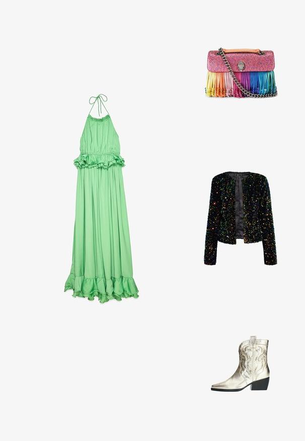 Zwarte paillettenjas met een ronde hals, open voorkant en lange mouwen. Bevat meerkleurige, reflecterende pailletten op een zachte stof.; Groene halter maxi-jurk van gladde stof, met een ruches taille en zoom, en een vloeiende, geplooide silhouet.; Metalen gouden cowboylaarzen met een puntige neus, decoratieve stiksels en uitsnijdingen; gestapelde hak en een treklus aan de achterkant voor gemakkelijk aan- en uittrekken.; Roze handtas met meerkleurige strasssteentjes, regenboogfranje, zilveren kettingriem en een zilveren decoratieve gesp in de vorm van een hand.