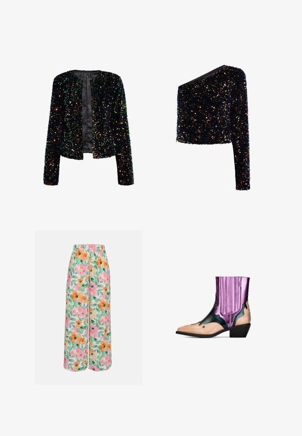 Veste noire pailletée avec un col rond, une ouverture à l'avant et des manches longues. Présente des paillettes réfléchissantes multicolores sur un tissu doux.; Top court noir à une manche, recouvert de sequins brillants multicolores avec une silhouette ajustée.; Pantalons amples à fleurs avec un imprimé multicolore de fleurs roses, oranges et vertes sur un fond blanc. Taille élastiquée.; Bottine western en noir, violet métallisé et nude. Elle présente un bout pointu, un talon bloc, des découpes décoratives et des accents côtelés verticaux.