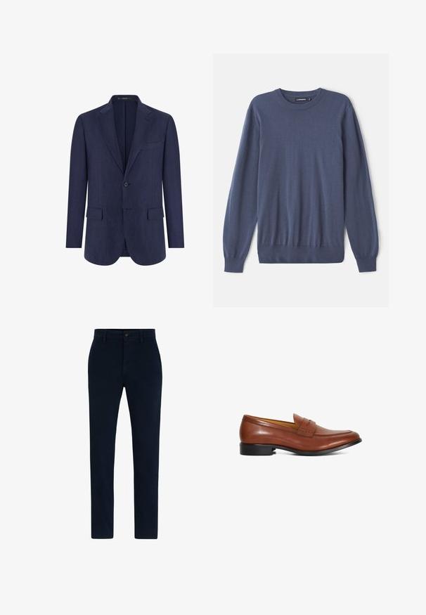 Blazer azul marino para hombre de un solo botón, con solapas con muesca, dos bolsillos delanteros con solapa, un bolsillo en el pecho y dos botones.; Suéter azul para hombres, hecho de una tela suave, con cuello redondo, mangas largas, puños acanalados y un dobladillo ajustado. Textura suave sin patrones.; Chinos azul marino hechos de una tela suave y duradera. Presentan un cierre de botón, lazos para cinturón y un diseño de pierna recta. Sin patrones visibles.; Mocasín de cuero marrón con acabado liso, punta redondeada y detalle sutil de costuras en el empeine, montado sobre un tacón bajo negro.