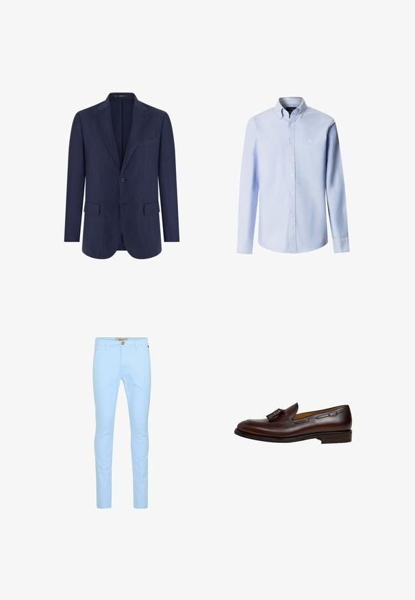Einreihiger marineblauer Herrenblazer mit Kerbkragen, zwei vorderen Pattentaschen, einer Brusttasche und zwei Knöpfen.; Hellblaues langärmliges Hemd mit Knopfleiste, Button-Down-Kragen und kleinem weißem, gesticktem Logo auf der linken Brust.; Helleblaue Baumwollchinos mit slim fit, ausgestattet mit einem vorderen Knopfverschluss, Gürtelschlaufen und einer glatten Textur. Keine sichtbaren Muster oder Akzente.; Dunkelbrauner Leder-Tasselloafer mit niedrigem Absatz und gesteppten Details entlang der Seiten und oben, dargestellt aus dem äußeren Seitenprofil.