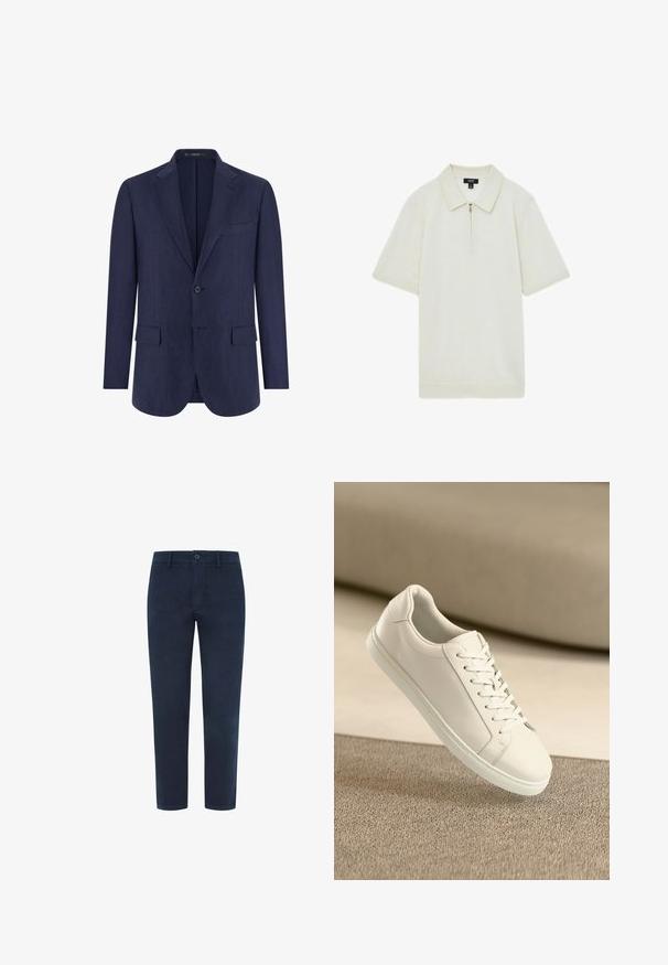 Enkeltknappet marineblå herreblazer med hakkede revers, to frontlommer med klap, en brystlomme og to knapper.; Zip-neck polo shirt i cremefarve, lavet af blødt stof, med en spids krave, korte ærmer og en lige kant.; Marineblå bomulds-chinos med knaplukning, lige ben og en glat tekstur. Har sidelommer og en enkelt baglomme.; Hvide lædersneakers med hvide snørebånd, præsenteret på en beige tekstureret overflade og med en blødt uskarp baggrund.
