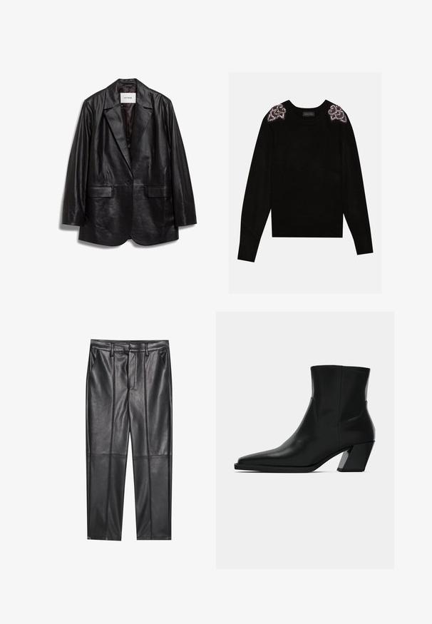 IVY OAK IOLOUISEBLAZER - Kurzmantel - black; Anna Field Strickpullover - black; Schwarze Lederhosen mit glatter Textur, gerader Passform, zwei Fronttaschen und sichtbaren Nahtdetails.; Schwarze Leder-Stiefelette mit spitzem Zeh, schlanker Silhouette und klobigem quadratischem Absatz. Glatte Textur mit minimalen Nähdetails.
