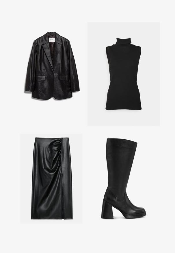 IVY OAK IOLOUISEBLAZER - Manteau court - black; Top noir sans manches en maille côtelée, avec un col haut et une silhouette ajustée. Texture lisse avec un minimum de détails.; Jupe en cuir noir avec une texture lisse, présentant une section froncée sur un côté et une fente sur le côté pour un détail supplémentaire.; Bottes noires jusqu'au genou en cuir lisse, avec un talon épais et un bout rond. Le design est épuré avec un minimum de matériel.