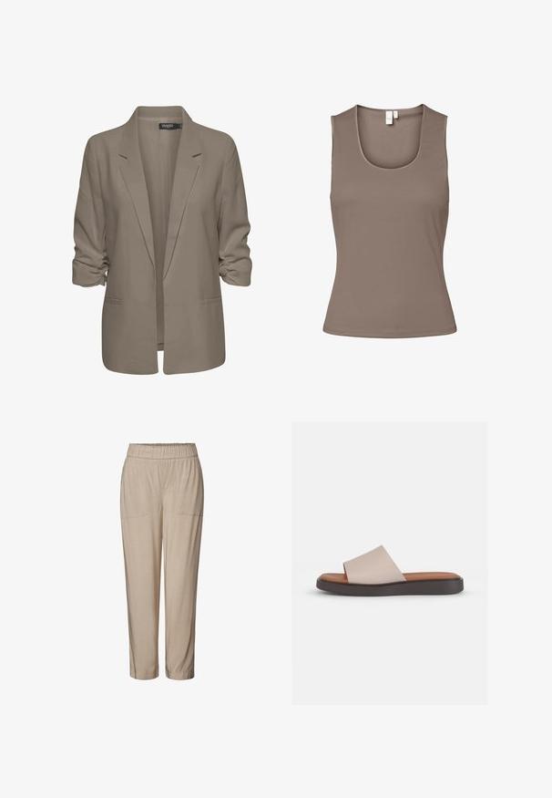 Blazer beige de corte holgado, hecho de tela suave, presenta mangas enrolladas, dos bolsillos laterales y un diseño de solapa muesca.; Top marrón sin mangas hecho de una tela suave y elástica. Presenta un escote redondeado y un diseño ajustado, con costuras mínimas y sin adornos.; Pantalones beige con cintura elástica, dos bolsillos frontales, diseño de pierna entallada y textura suave. Adecuados para un uso casual o relajado.; Sandalia deslizante beige con una correa ancha, plantilla contorneada color tostado y una suela de plataforma marrón oscuro. Textura suave, diseño sencillo.