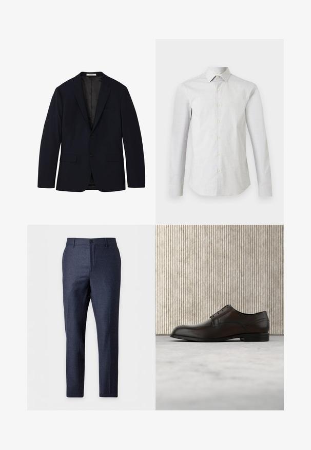 Blazer bleu marine pour homme avec revers à encoche, fermeture à deux boutons, poches à rabats et une poche poitrine passepoilée, doublé à l'intérieur.; Chemise blanche à manches longues avec un motif subtil de petits pois, col classique et silhouette cintrée.; Pantalon bleu marine ajusté avec un motif à carreaux subtil, doté de passants de ceinture, d'un bouton à l'avant et d'une fermeture éclair.; Chaussure habillée en cuir marron avec un bout arrondi, des coutures minimales et une finition lisse. Elle présente un faible talon et un design de laçage simple.